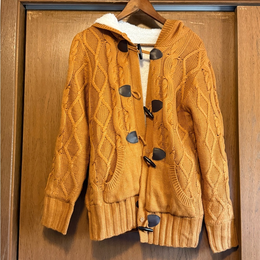 Women's Amazon Cable Knit Toggle Sweater Sherpa - Mustard/Brown - Size M